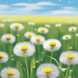 A realistic depiction of a vast field filled with dandelions in full bloom