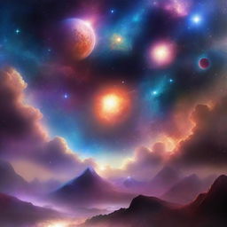 A breathtaking scene of the 'Ethereal Echoes' universe, featuring a celestial landscape with vibrant nebulae, twinkling stars, and mystical planets