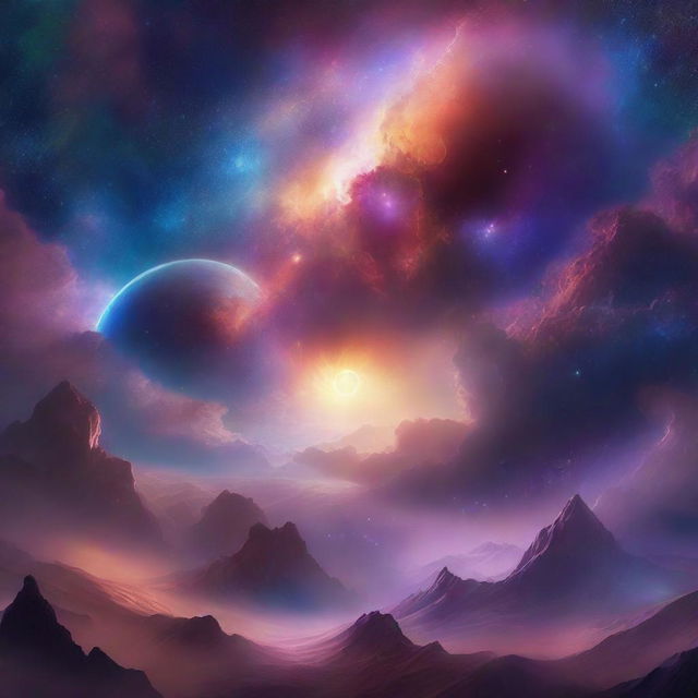 A breathtaking scene of the 'Ethereal Echoes' universe, featuring a celestial landscape with vibrant nebulae, twinkling stars, and mystical planets