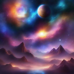 A breathtaking scene of the 'Ethereal Echoes' universe, featuring a celestial landscape with vibrant nebulae, twinkling stars, and mystical planets