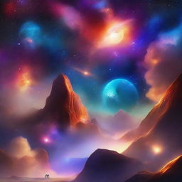 A breathtaking scene of the 'Ethereal Echoes' universe, featuring a celestial landscape with vibrant nebulae, twinkling stars, and mystical planets