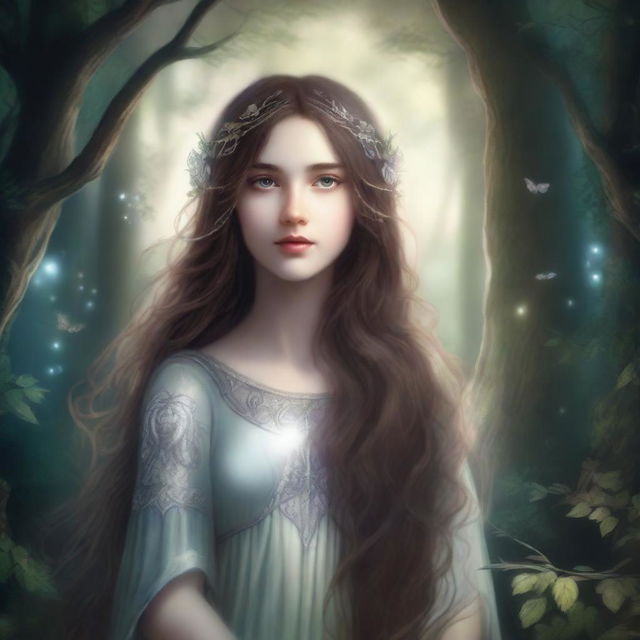 A majestic depiction of the Daughter of Artemis, featuring long brown wavy hair and big silver eyes