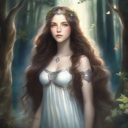 A majestic depiction of the Daughter of Artemis, featuring long brown wavy hair and big silver eyes