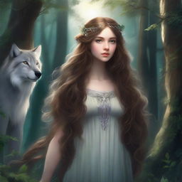 A majestic depiction of the Daughter of Artemis, featuring long brown wavy hair and big silver eyes