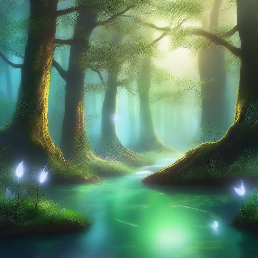 A captivating scene of the 'Ethereal Echoes' nature, featuring a mystical forest with glowing flora, gentle streams, and ethereal creatures