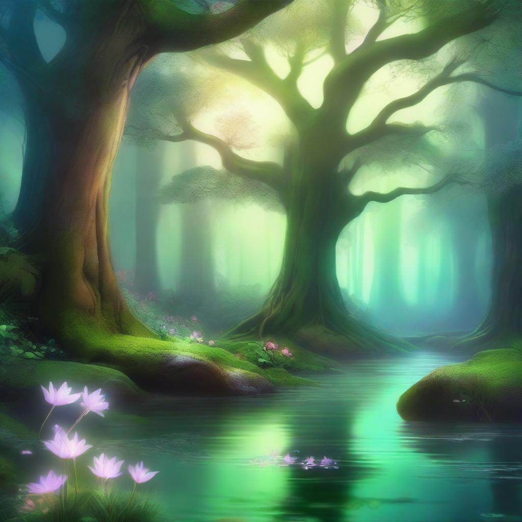 A captivating scene of the 'Ethereal Echoes' nature, featuring a mystical forest with glowing flora, gentle streams, and ethereal creatures