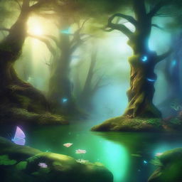 A captivating scene of the 'Ethereal Echoes' nature, featuring a mystical forest with glowing flora, gentle streams, and ethereal creatures