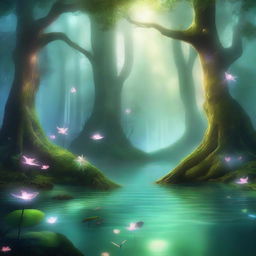 A captivating scene of the 'Ethereal Echoes' nature, featuring a mystical forest with glowing flora, gentle streams, and ethereal creatures