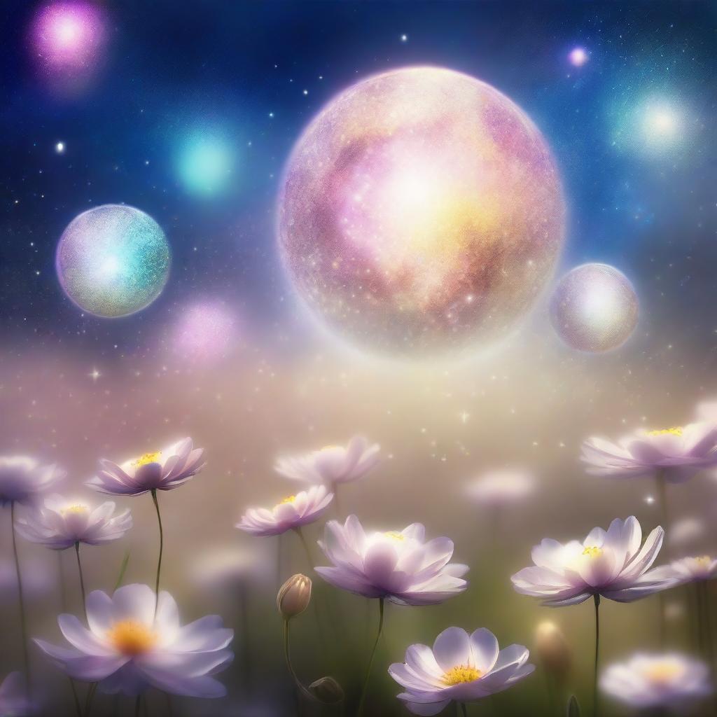 A mesmerizing scene of the 'Ethereal Echoes' universe, featuring a field of glowing, ethereal flowers