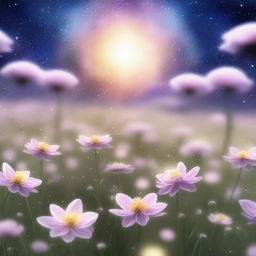 A mesmerizing scene of the 'Ethereal Echoes' universe, featuring a field of glowing, ethereal flowers