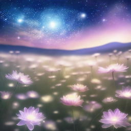 A mesmerizing scene of the 'Ethereal Echoes' universe, featuring a field of glowing, ethereal flowers