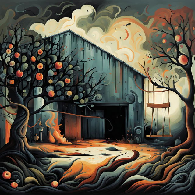 An abstract and somber illustration of an old flat roof garage with flames on the roof, an apple tree with a children's swing in the forefront, rendered in muted tones with surreal shapes