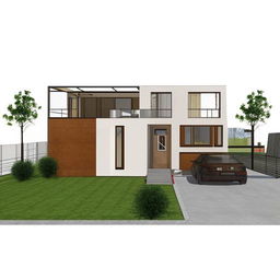 A 3D concept of a modern home fitting a 33ft by 48ft area, featuring a shop and a gate situated on the 33ft side. The house should incorporate minimalist aesthetics and contemporary architectural elements.