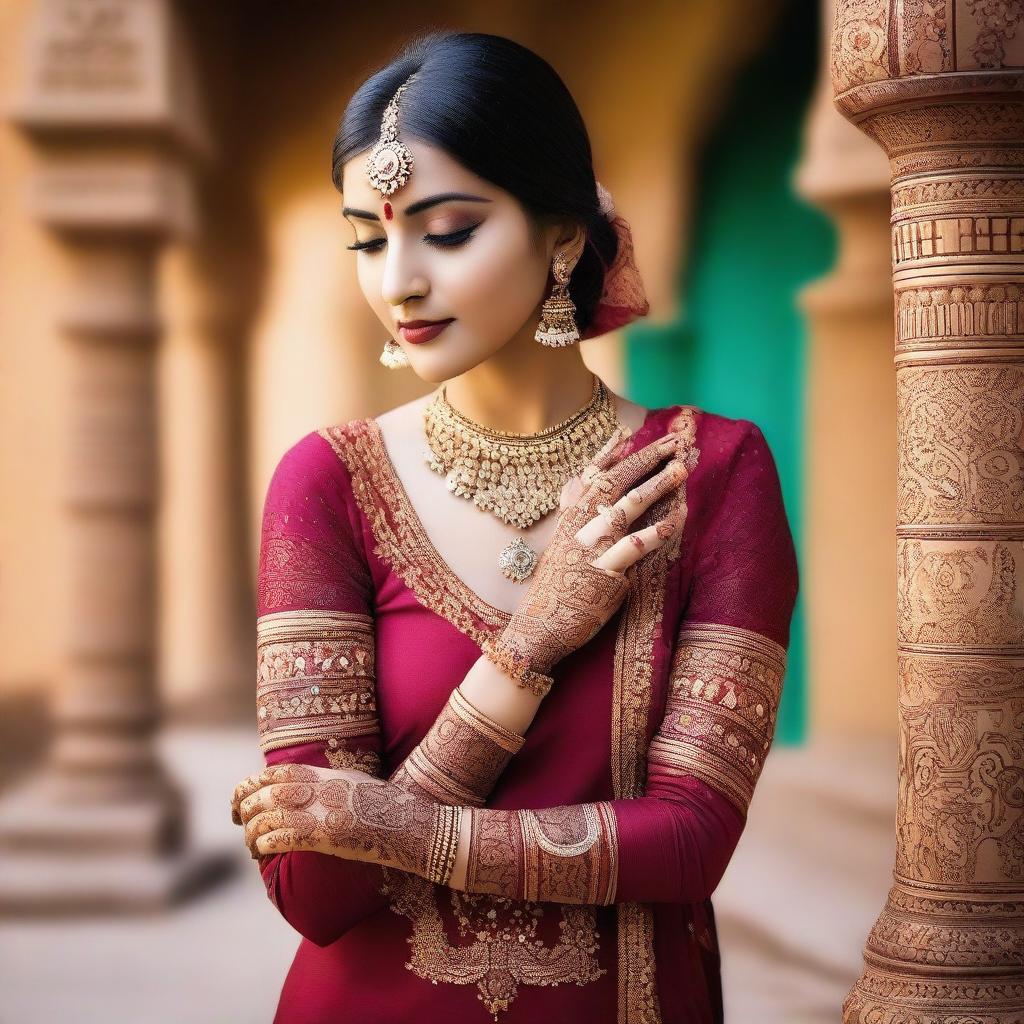 A beautiful Indian girl wearing traditional attire, with intricate jewelry and henna designs on her hands