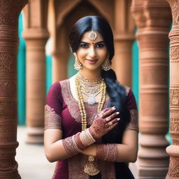 A beautiful Indian girl wearing traditional attire, with intricate jewelry and henna designs on her hands