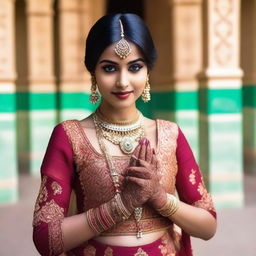 A beautiful Indian girl wearing traditional attire, with intricate jewelry and henna designs on her hands