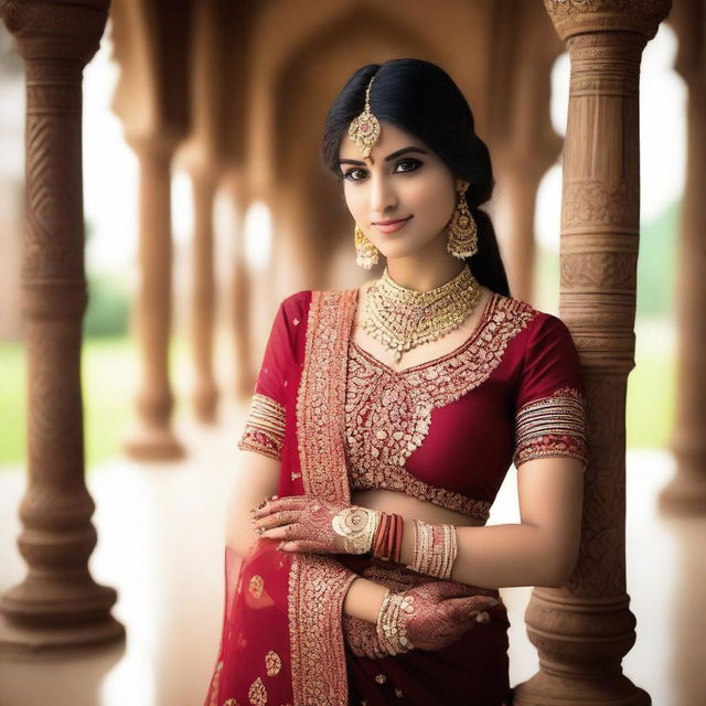 A beautiful Indian girl wearing traditional attire, with intricate jewelry and henna designs on her hands