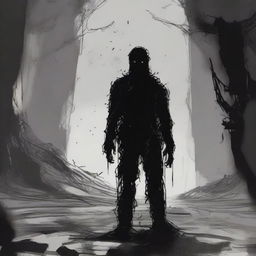 A dark sketch illustration of a dark humanoid with no face lurking in the dark shadows of a wreckage in space