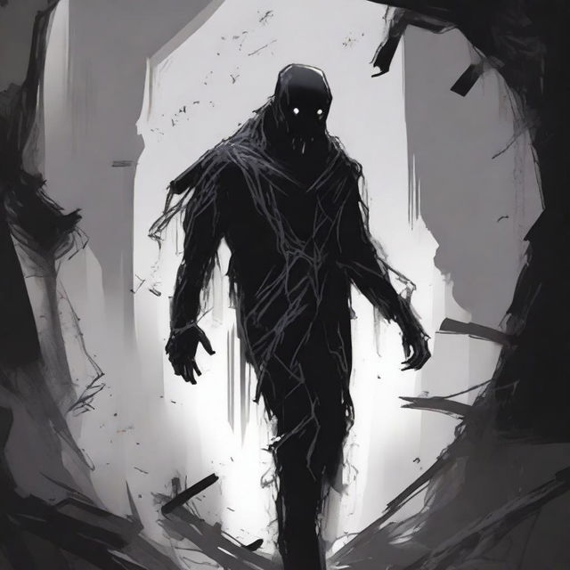 A dark sketch illustration of a dark humanoid with no face lurking in the dark shadows of a wreckage in space