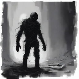 A dark sketch illustration of a dark humanoid with no face lurking in the dark shadows of a wreckage in space