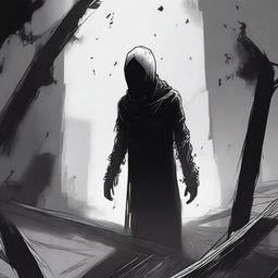 A dark sketch illustration of a dark humanoid with no face lurking in the dark shadows of a wreckage in space