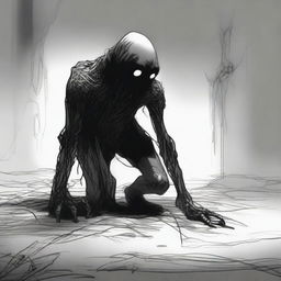 A dark sketch illustration of a dark humanoid creature crawling on the ground in a twisted form with no face, lurking in the dark shadows