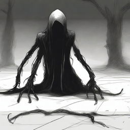 A dark sketch illustration of a dark humanoid creature crawling on the ground in a twisted form with no face, lurking in the dark shadows