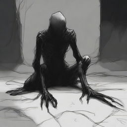 A dark sketch illustration of a dark humanoid creature crawling on the ground in a twisted form with no face, lurking in the dark shadows