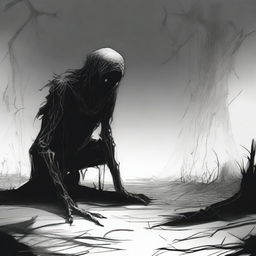 A dark sketch illustration of a dark humanoid creature crawling on the ground in a twisted form with no face, lurking in the dark shadows