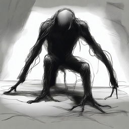 A dark sketch illustration of a dark humanoid creature crawling on the ground in a twisted form with no face, lurking in the dark shadows