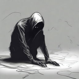 A dark sketch illustration of a dark humanoid creature crawling on the ground in a twisted form with no face, lurking in the dark shadows