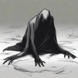 A dark sketch illustration of a dark humanoid creature crawling on the ground in a twisted form with no face, lurking in the dark shadows