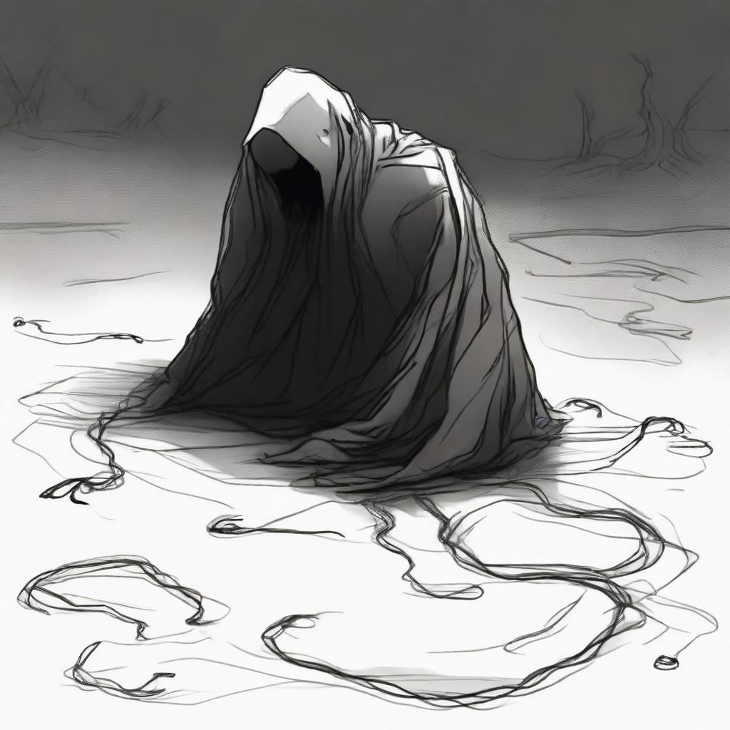 A dark sketch illustration of a dark humanoid creature crawling on the ground in a twisted form with no face, lurking in the dark shadows