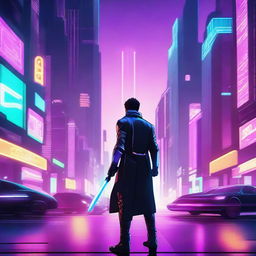 A futuristic scene featuring a character wielding a glowing saber in a cyberpunk city