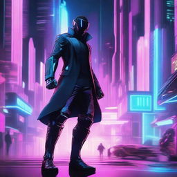 A futuristic scene featuring a character wielding a glowing saber in a cyberpunk city