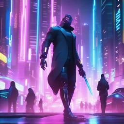 A futuristic scene featuring a character wielding a glowing saber in a cyberpunk city