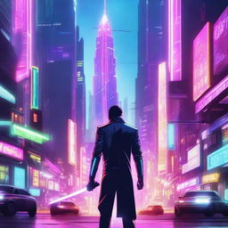 A futuristic scene featuring a character wielding a glowing saber in a cyberpunk city