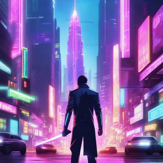 A futuristic scene featuring a character wielding a glowing saber in a cyberpunk city