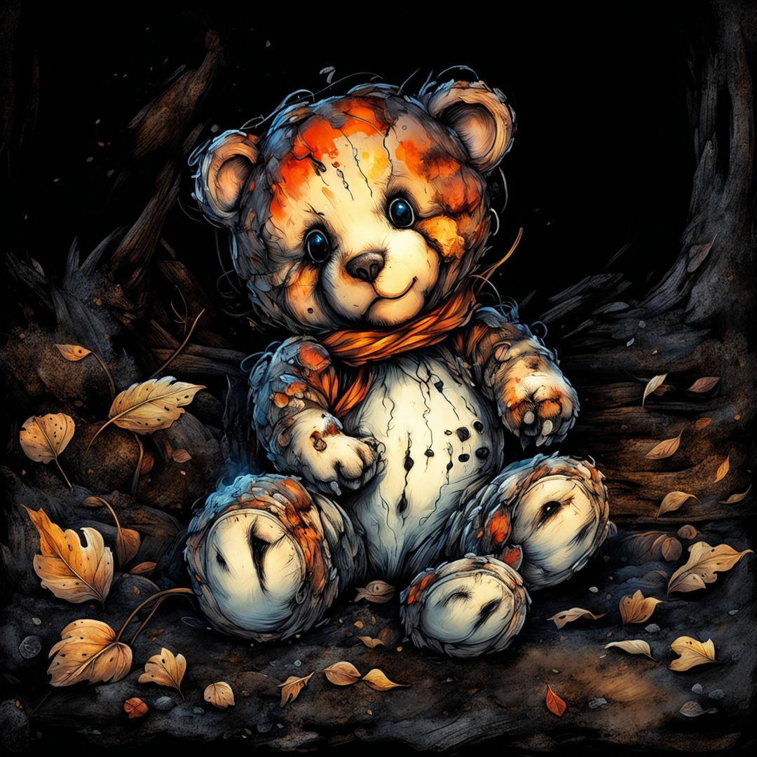 An emotional illustration of an old teddy bear on fire with a burnt ear and arm, patches on its fur, lying on the ground surrounded by fallen leaves, evoking a sense of loss and nostalgia