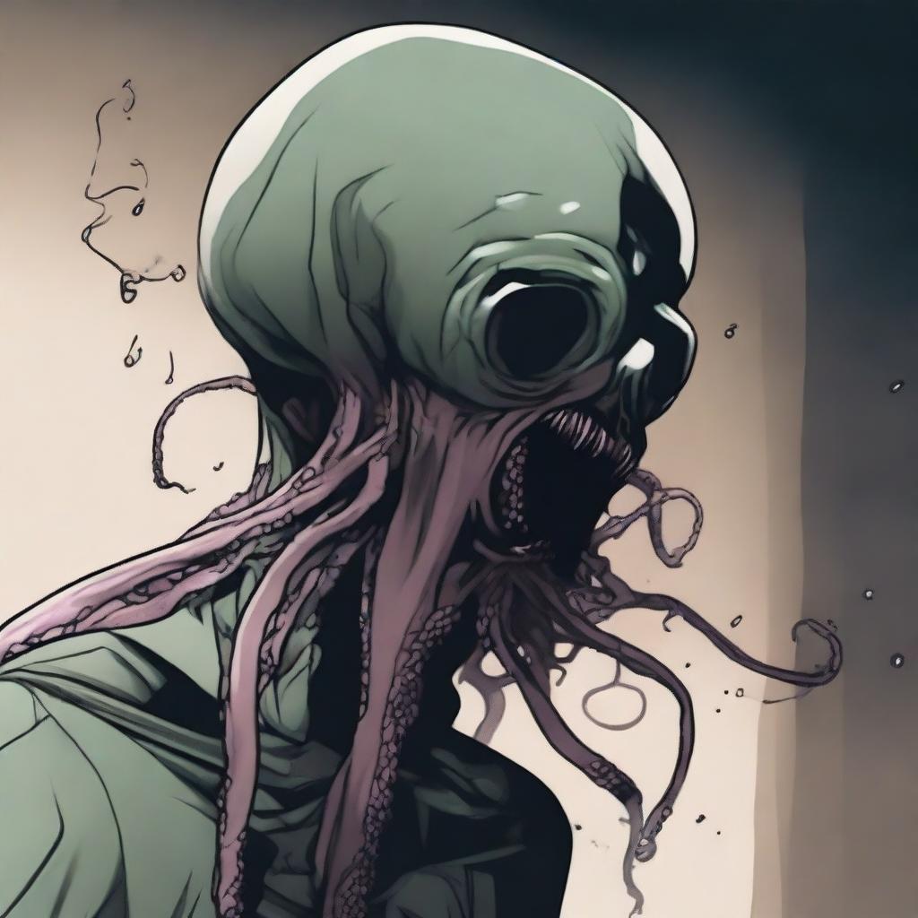 An illustration of an infested husk of a human with a tentacle coming out of their mouth