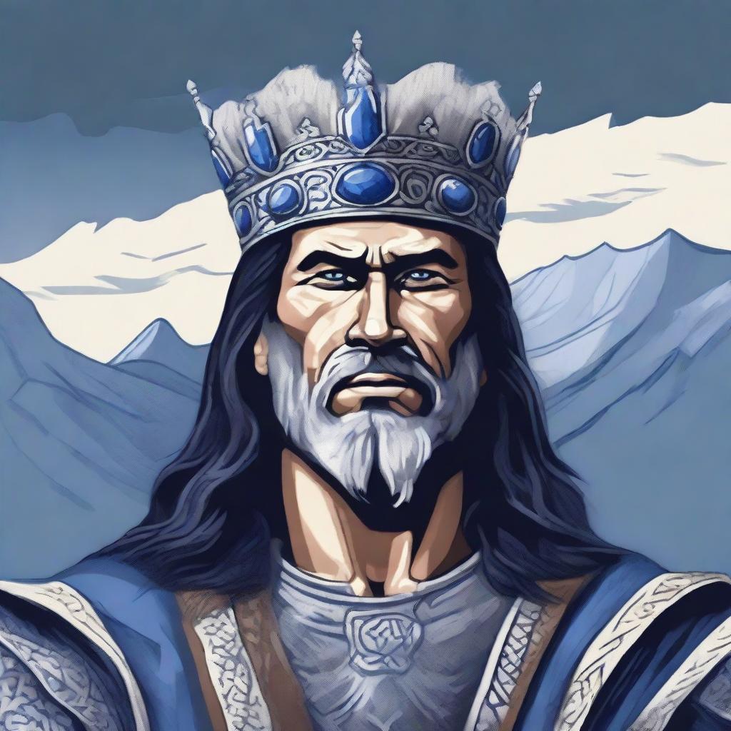 An illustration of a Baltic chieftain with very dark hair, wearing a rough crown made of rough sapphire