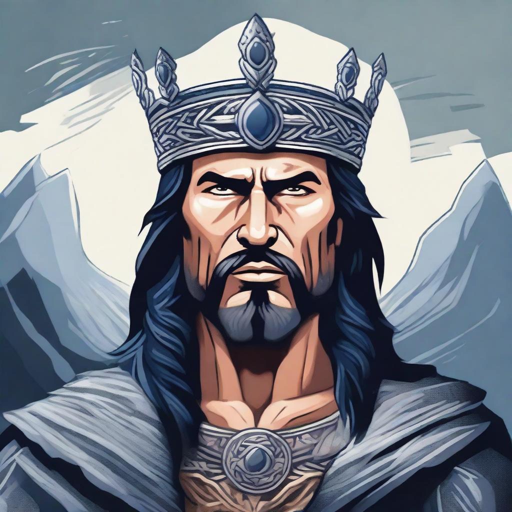 An illustration of a Baltic chieftain with very dark hair, wearing a rough crown made of rough sapphire