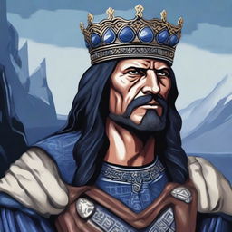 An illustration of a Baltic chieftain with very dark hair, wearing a rough crown made of rough sapphire