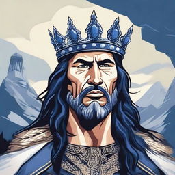 An illustration of a Baltic chieftain with very dark hair, wearing a rough crown made of rough sapphire