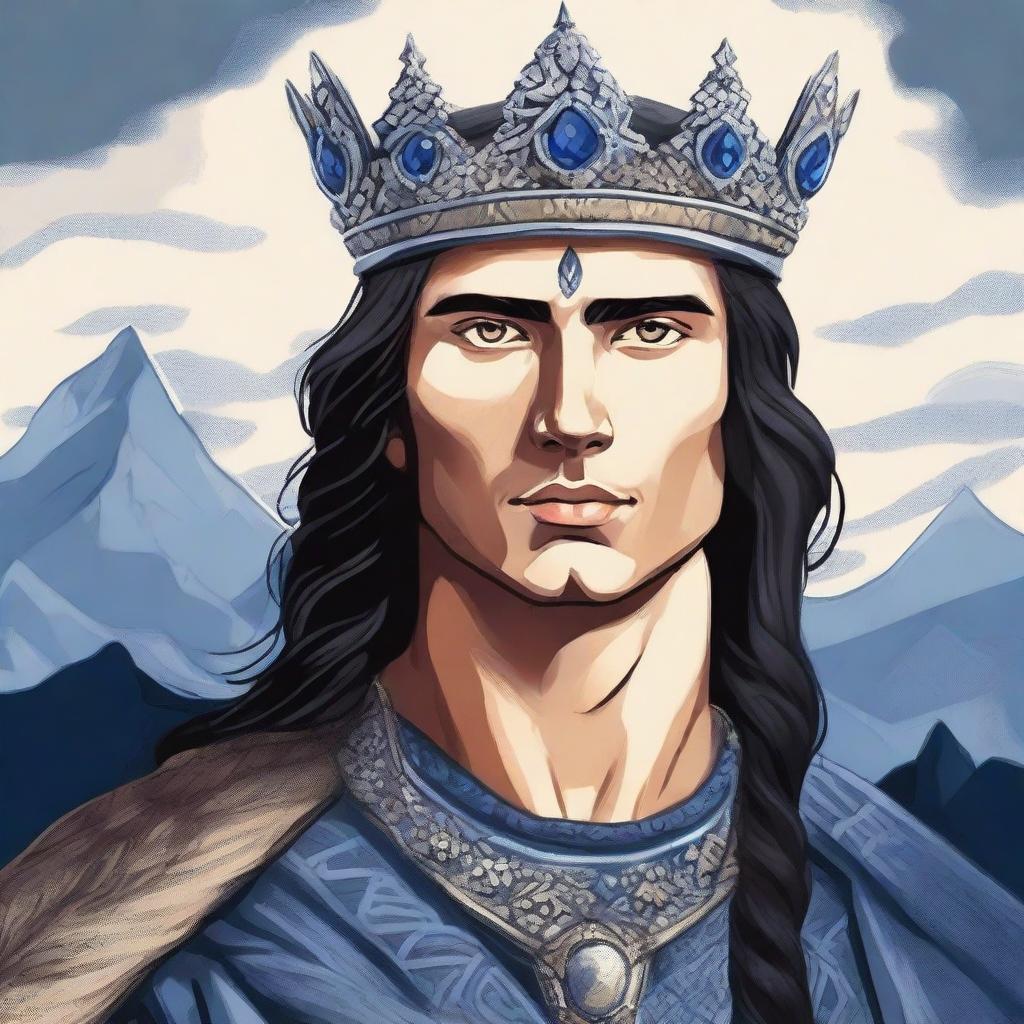 An illustration of a young Baltic chieftain with very dark hair, wearing a rough crown made of rough sapphire gemstone