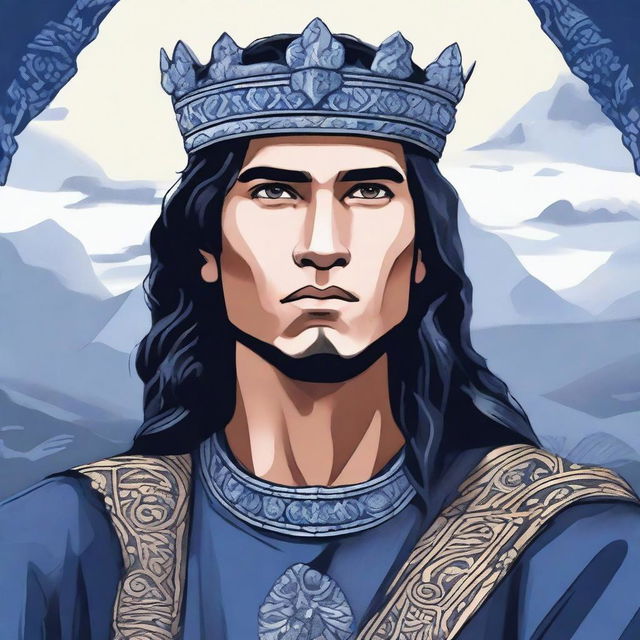 An illustration of a young Baltic chieftain with very dark hair, wearing a rough crown made of rough sapphire gemstone