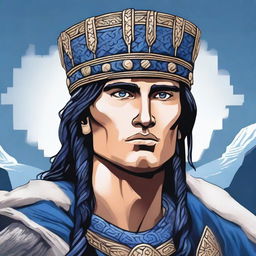 An illustration of a young Baltic chieftain with very dark hair, wearing a rough crown made of rough sapphire gemstone