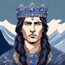 An illustration of a young Baltic chieftain with very dark hair, wearing a rough crown made of rough sapphire gemstone