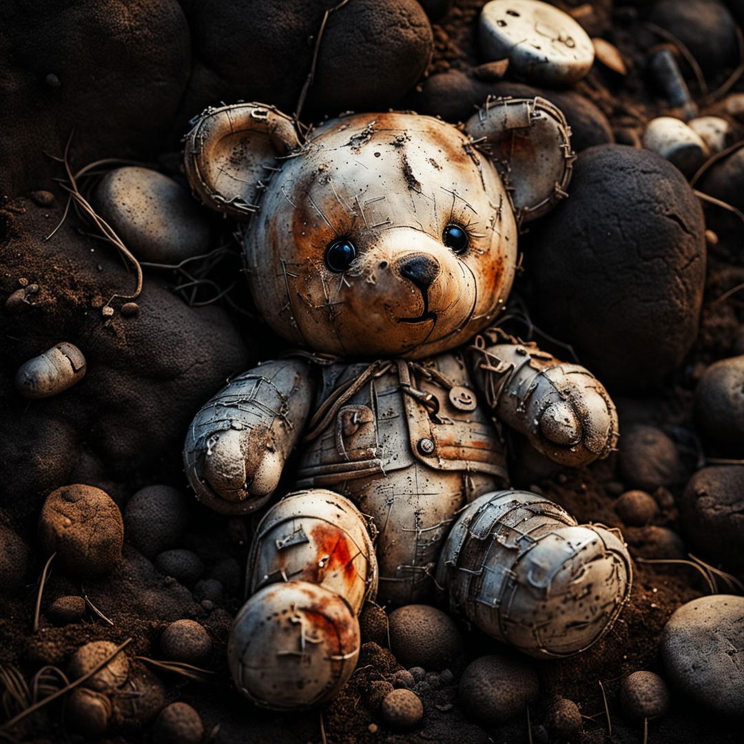 An endearing yet heart-wrenching illustration of a cute old brown teddy bear with burnt fur, missing an ear and an eye, patches and stitches on its body, lying on the ground, evoking a sense of loss and nostalgia