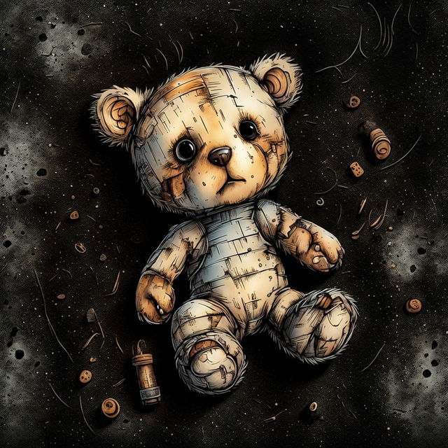 A touching illustration of a small, cute, old brown teddy bear with burnt fur, one ear, one eye, and patches, lying on the ground, evoking nostalgia and tenderness